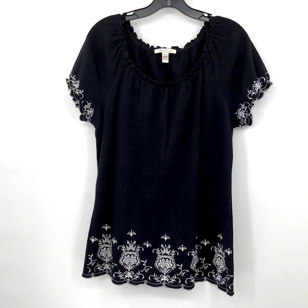 JM Collection Boat Neck, Gathering at Neckline, Embroidered Edging, Top Size M